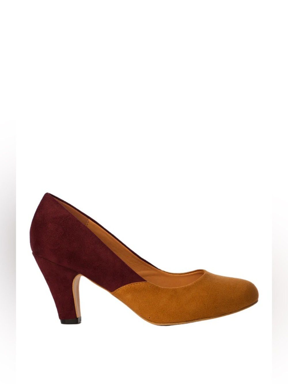 Royal Monk Two-Tone Suede Mid Heel Pump in Burgundy and Camel